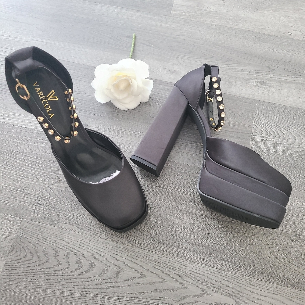 Black Satin Mary Jane Platform Heels with Rhinestone Ankle Straps